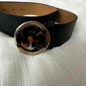 Michael Kors Black Leather Belt with Tortoiseshell MK Logo Buckle
